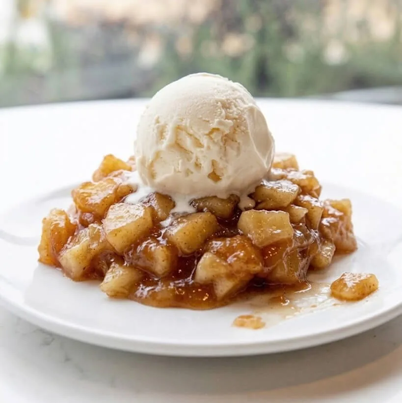 Gebakken appelstukjes met vanille-ijs